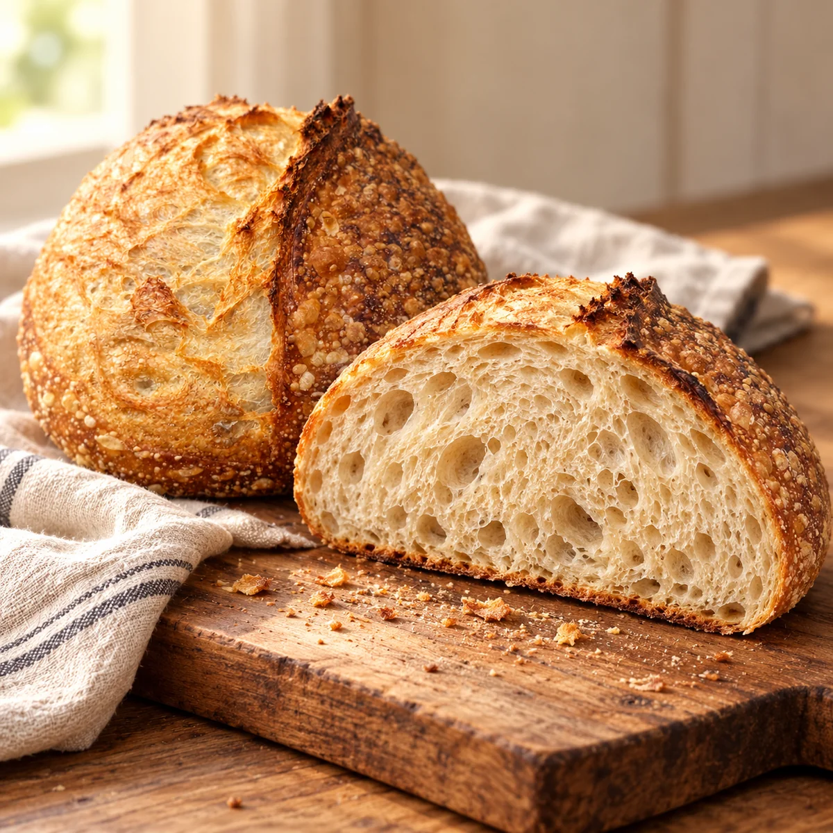 A whole sourdough loaf beside a cut half on a wooden board with a linen tea towel