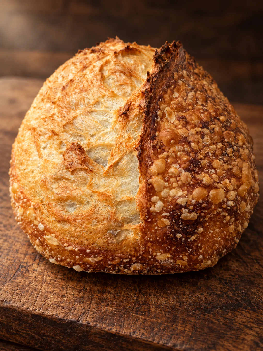 A freshly baked, golden sourdough loaf